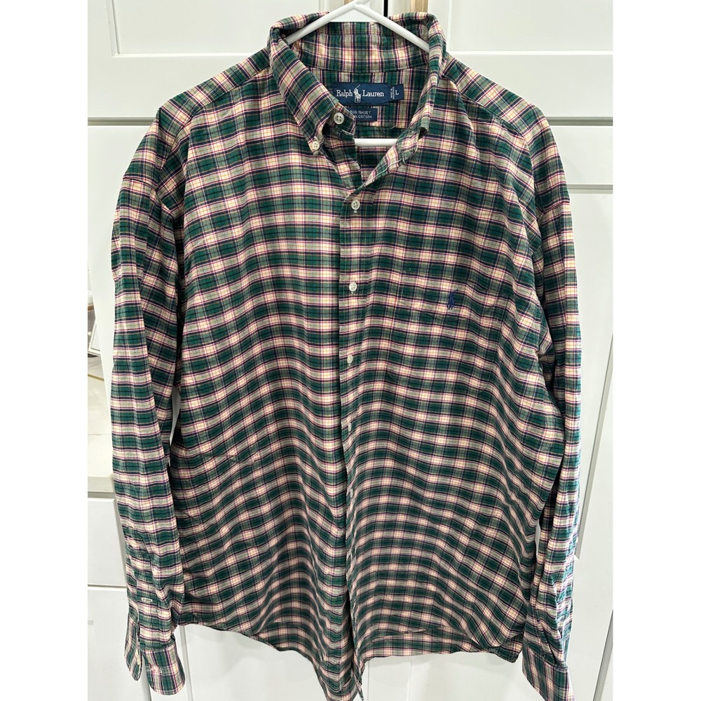 Ralph Lauren Big Shirt‎ Mens Large Green Plaid Button Down 100% Cotton